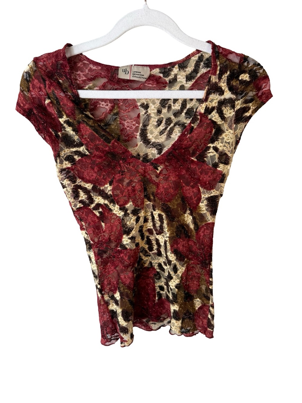 Urban Behavior Red Floral Lace & Leopard Print V-Neck Top Size XS or S Y2K